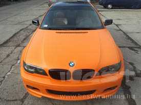 BMW e46 autófóliázás: KPMF matt narancssárga autó fóliával, üveghatású tetőfóliával 2
